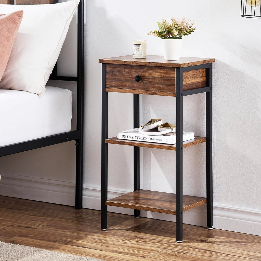 Set of 2 Brown Nightstand with 1-Drawer and Storage Shelf Y1752