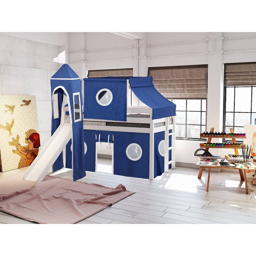 White Low Loft Twin Bed with Slide and Tent A5532
