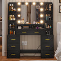 Black Vanity Desk with Mirror and Lights, Glass Top, Charging Station, 8 Drawers X312