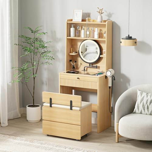 Oak Vanity Desk with Adjustable Mirror and LED Lights E7176