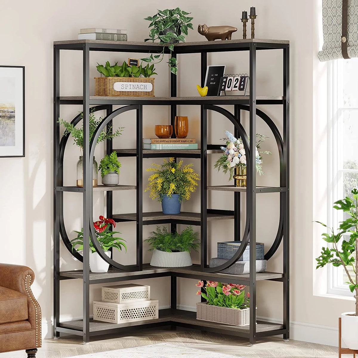 7-Shelf Corner Bookshelf with Metal Frame N299