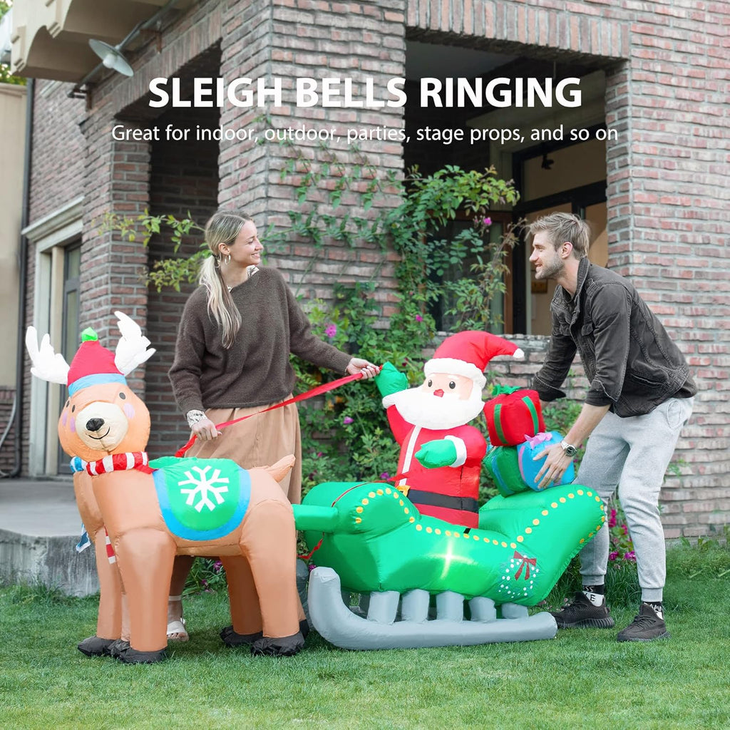 6.9ft Long Christmas Inflatable LED Lighted Santa on Green Sleigh with Reindeers and Gift Boxes Blow up Outdoor Yard Decoration B8555