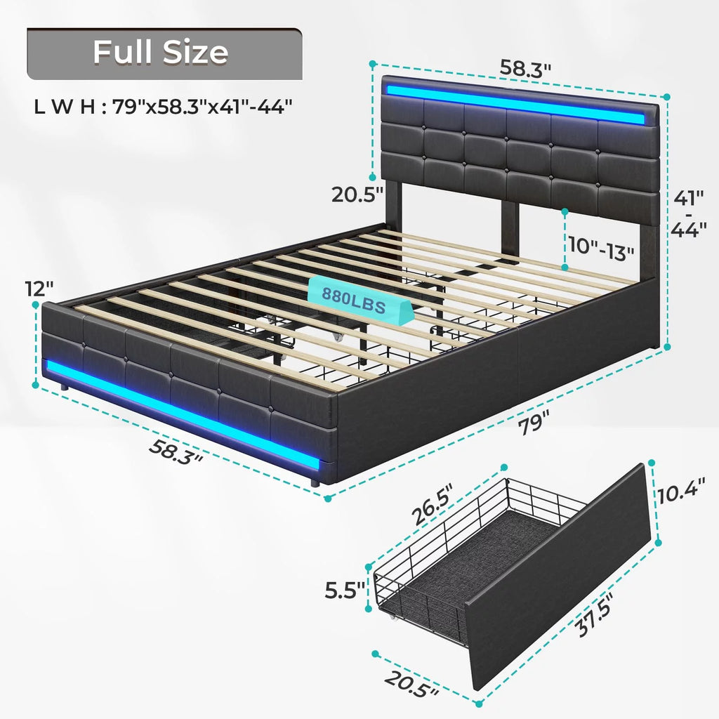 Black Full Leather Platform Bed with Storage Drawers Y61903