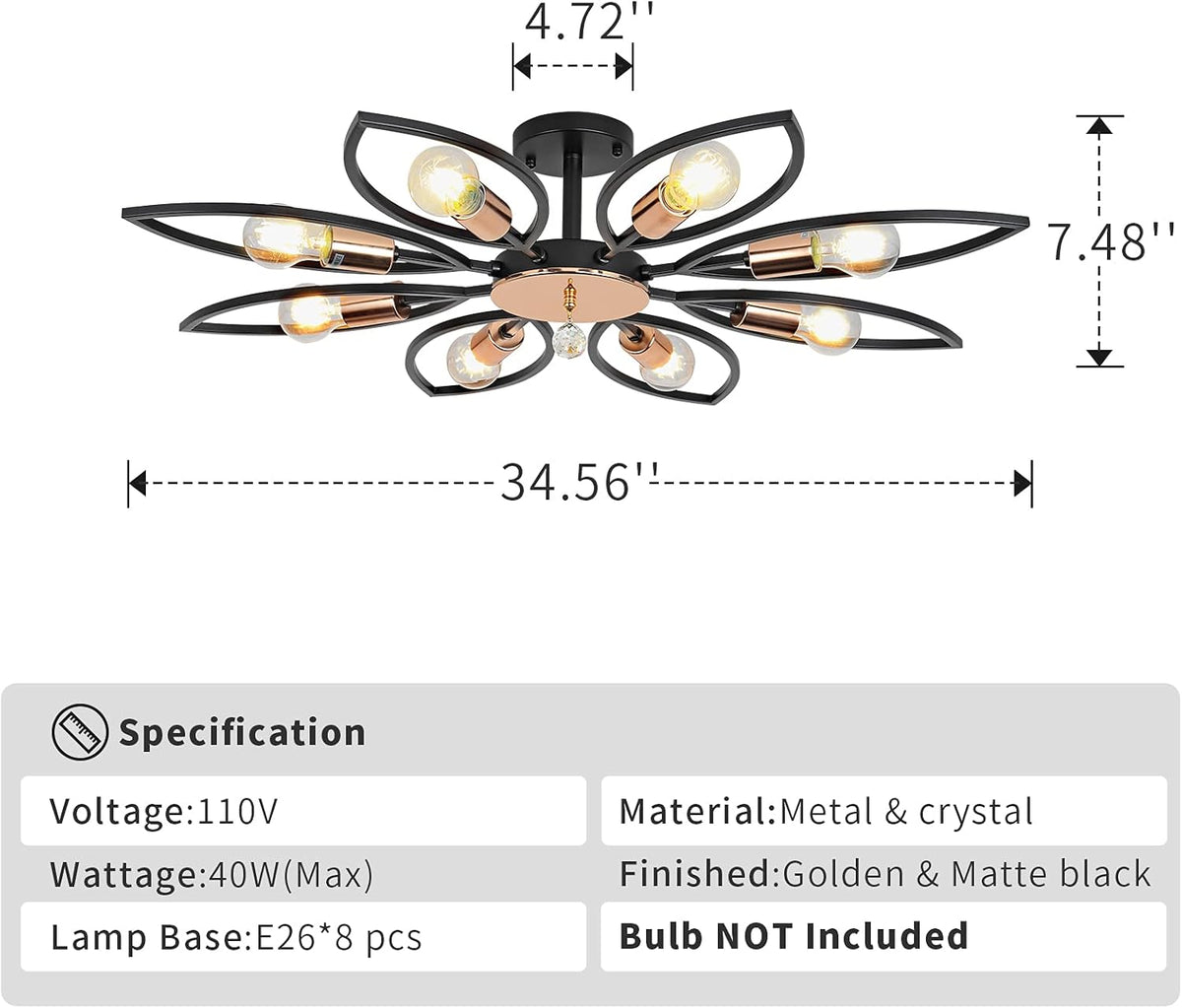 Black 8 Lights Semi Flush Mount Ceiling Light S6622