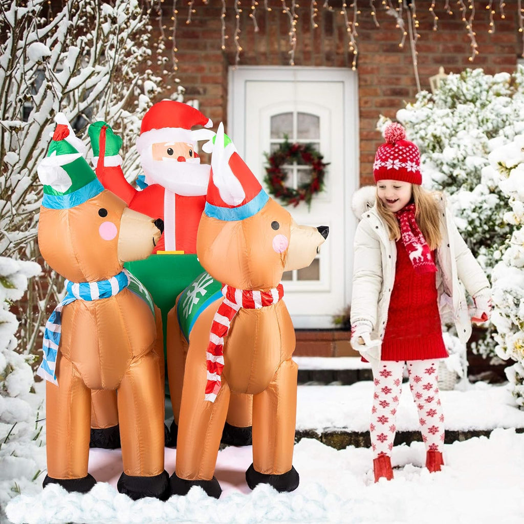 6.9ft Long Christmas Inflatable LED Lighted Santa on Green Sleigh with Reindeers and Gift Boxes Blow up Outdoor Yard Decoration B8555