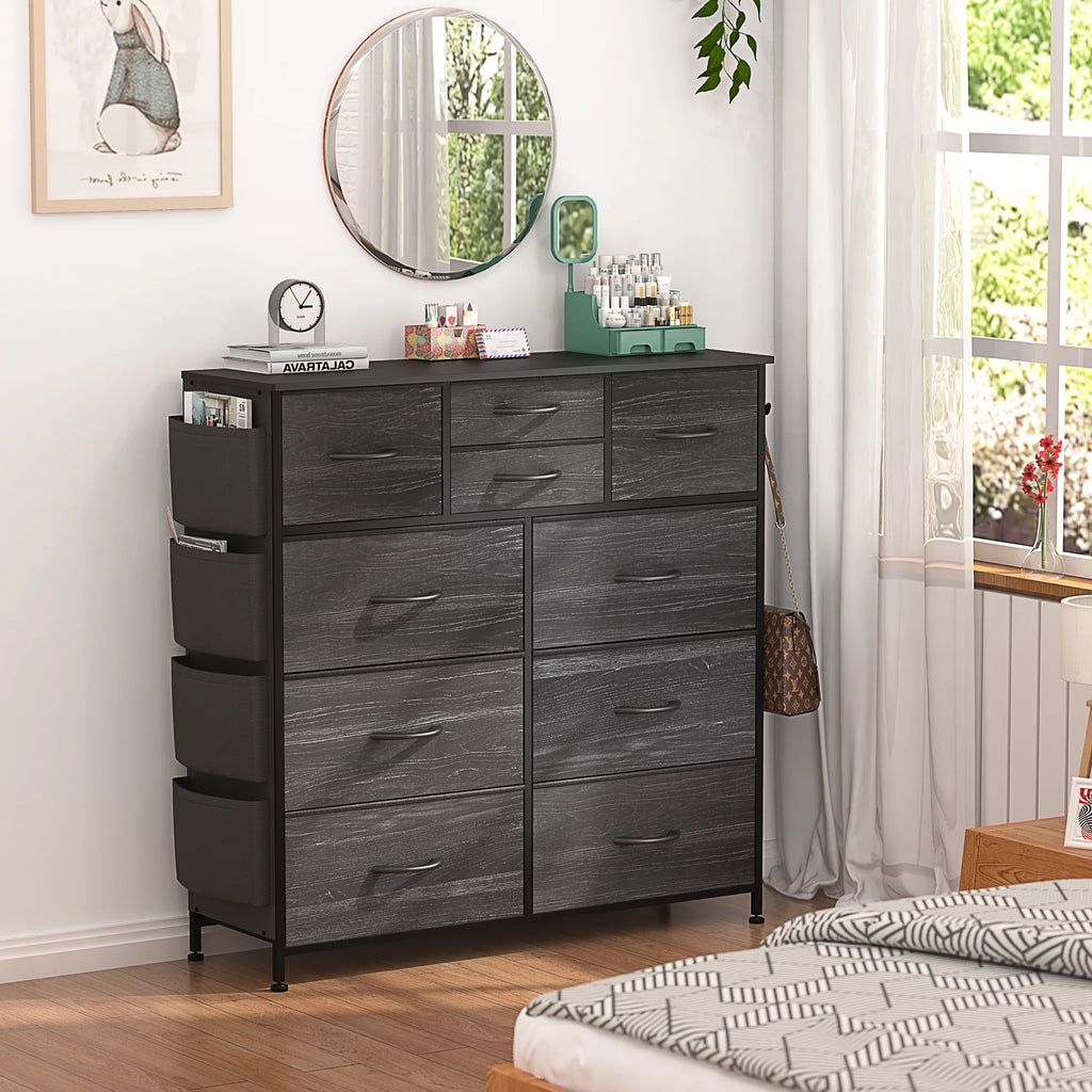 Black 10 Drawer Fabric Dresser with Wood Top I8955