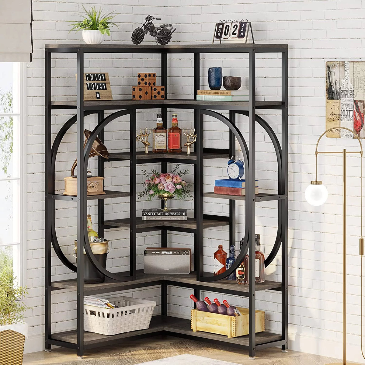 7-Shelf Corner Bookshelf with Metal Frame N299