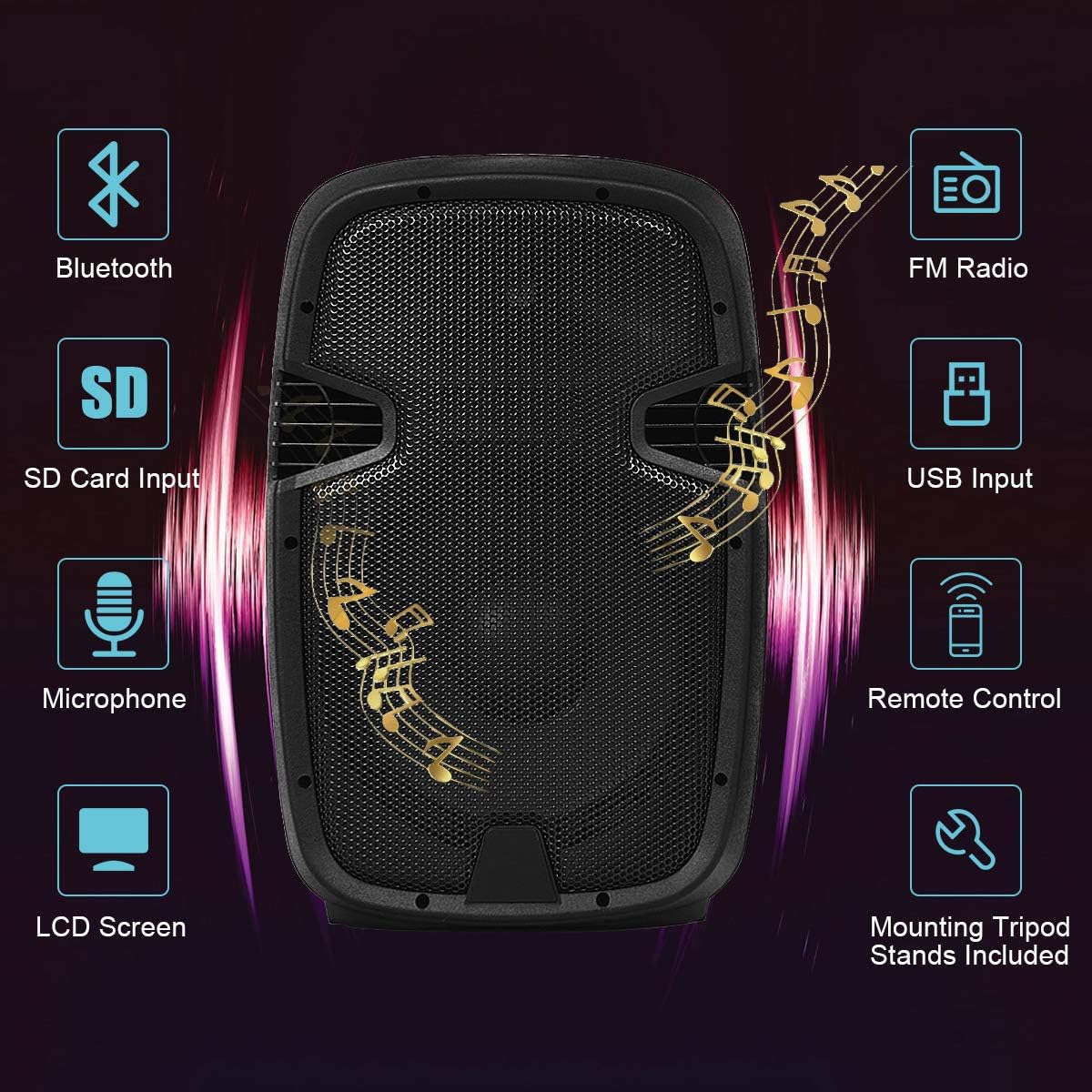 12 1600W Portable Dual Passive Active Speaker with 2 Speaker Stands V4785