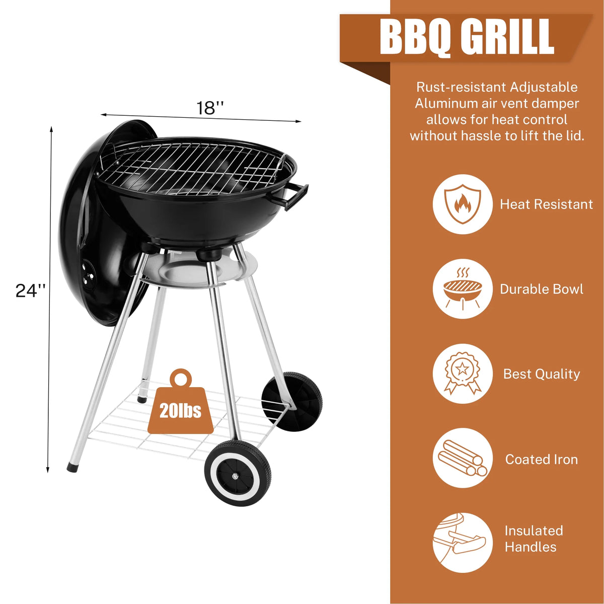 18 Inch Portable Charcoal Grill with Wheels M738910