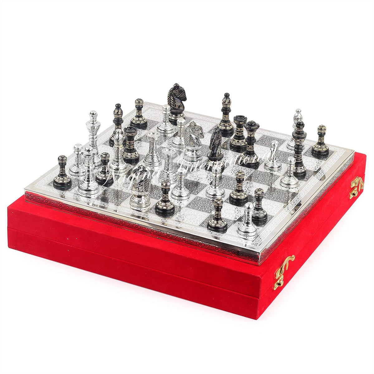 Solid Brass Black Chess Set with Red Velvet Storage Case Q1878