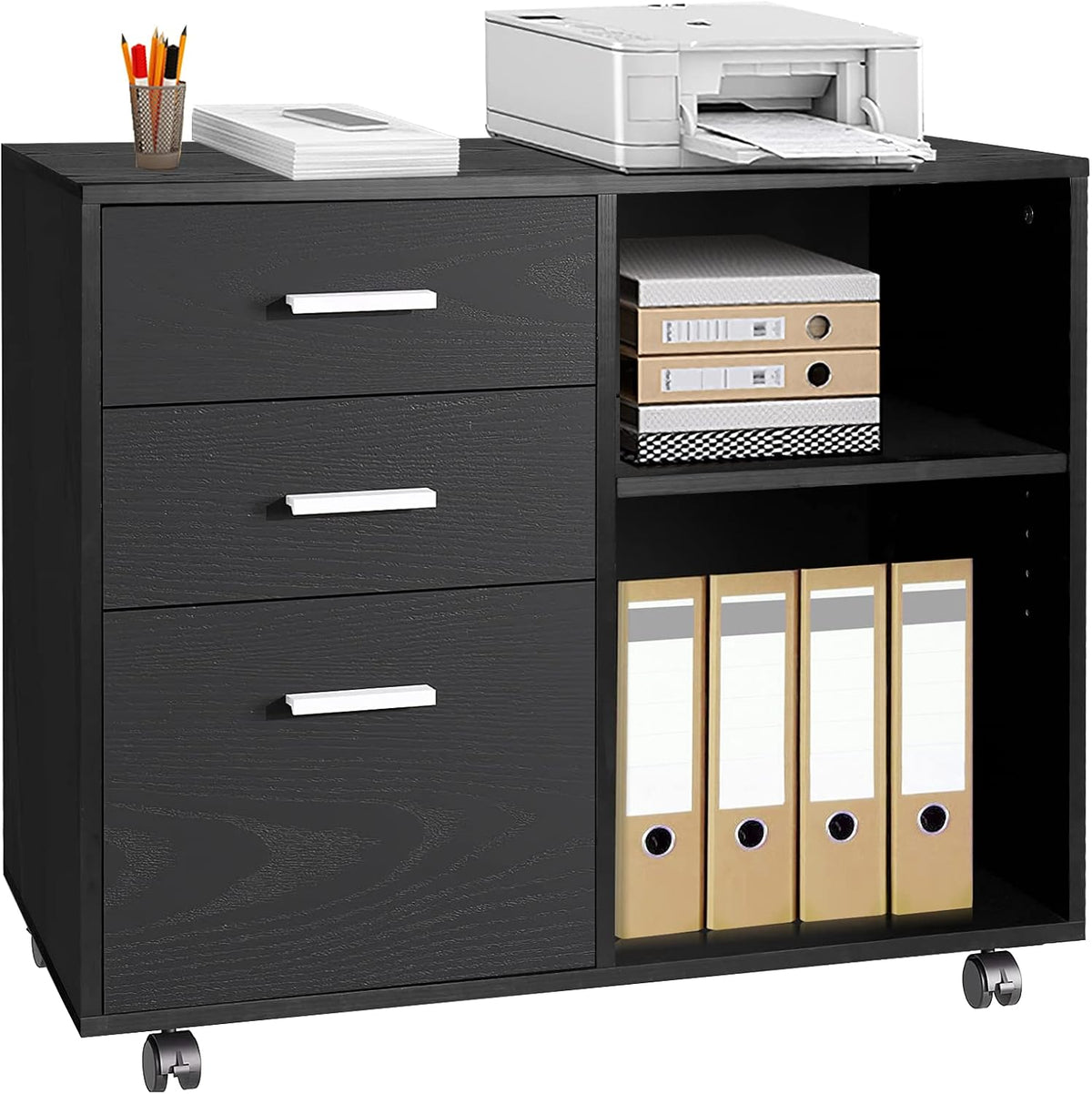 Black 3-Drawer Mobile Wood File Cabinet with Open Storage Shelves D373
