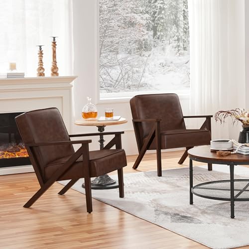 Light Brown Faux Leather Accent Chair with Wood Frame F14053