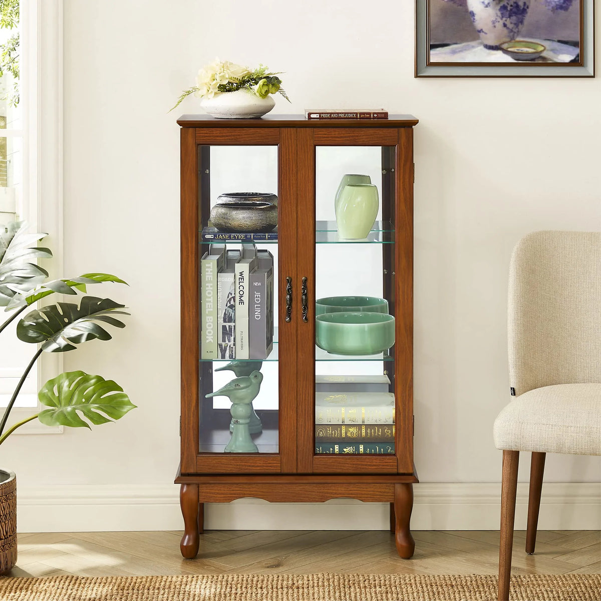 3 Tier Lighted Curio Display Cabinet with Adjustable Shelves and Tempered Glass Doors T340066