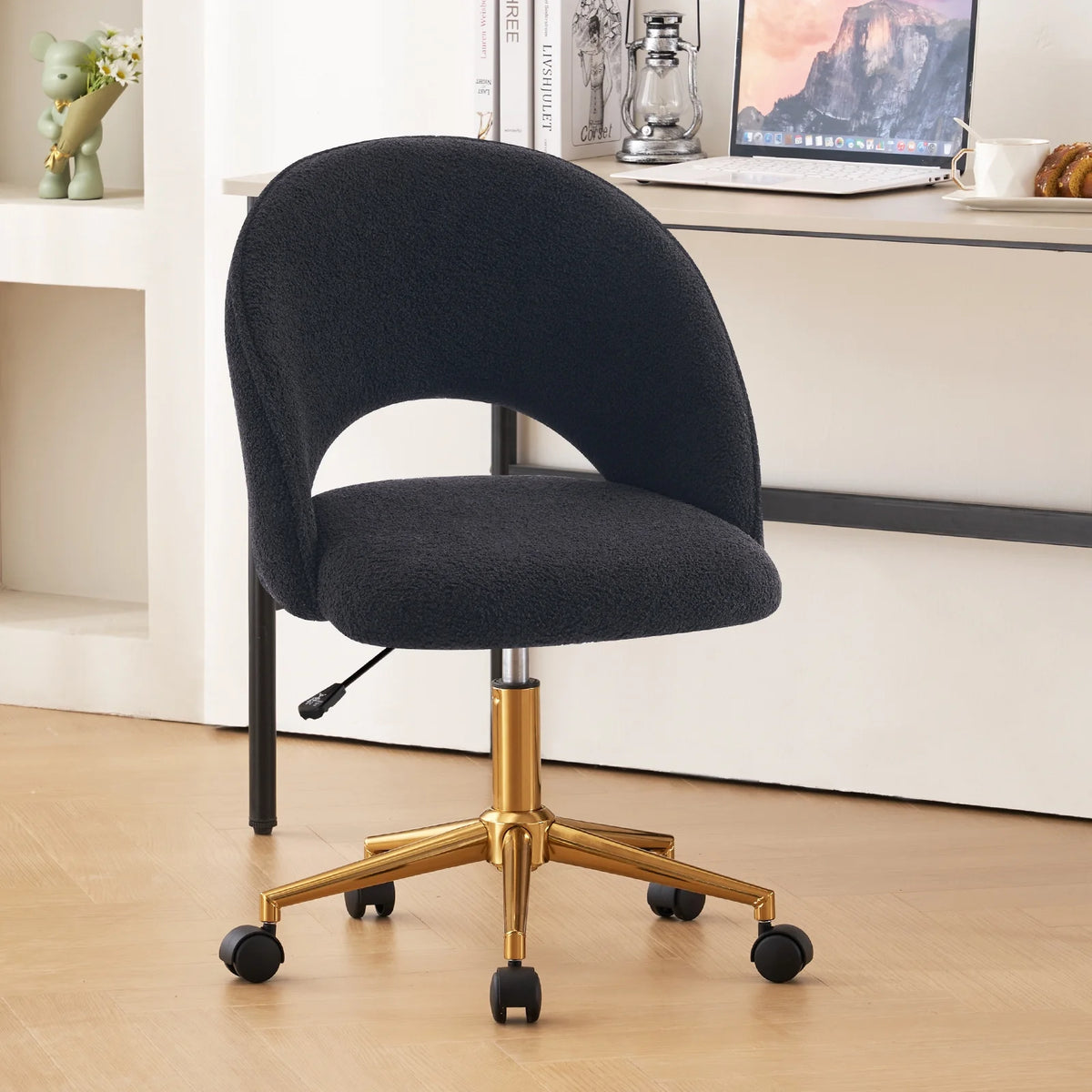 Black Faux Sherpa Upholstered Swivel Home Office Chair P5911