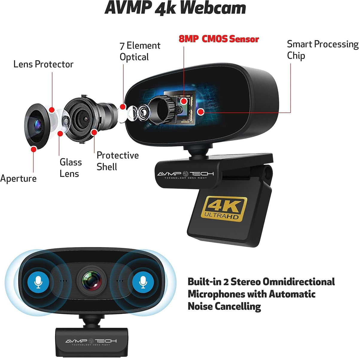 4K Webcam with Ring Light Ultra HD 8MP Autofocus USB Web Cam Stereo Microphone Q527