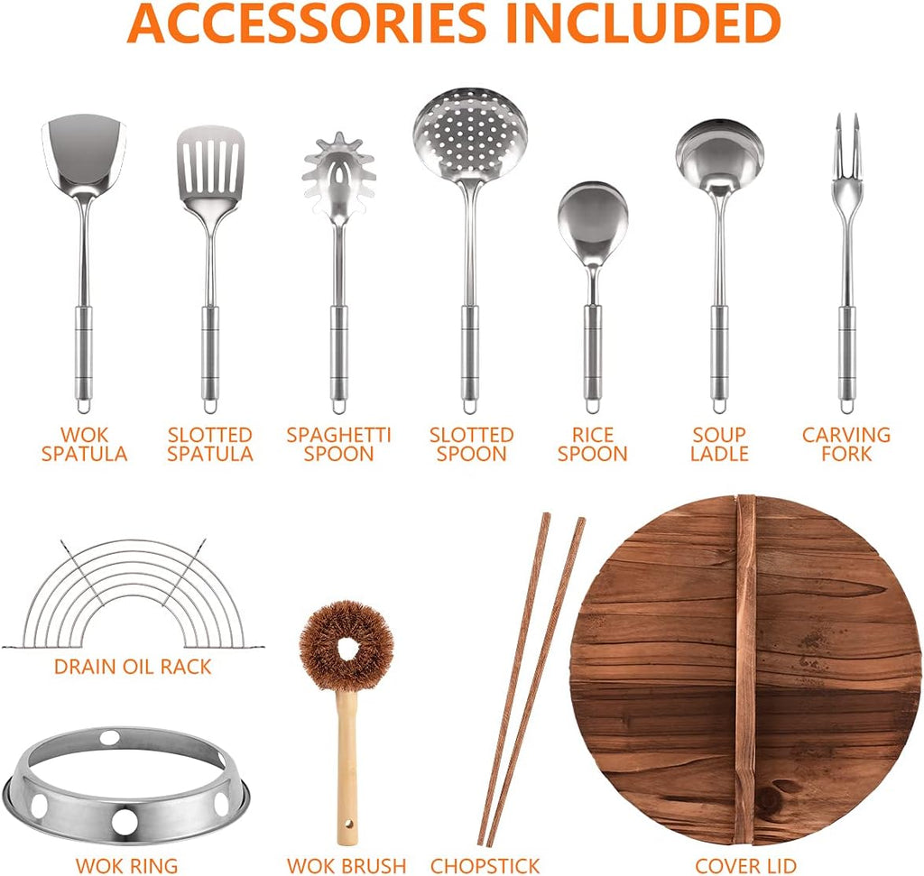 13 PCS Carbon Steel Wok Set with Wooden Lid & Utensils I222551
