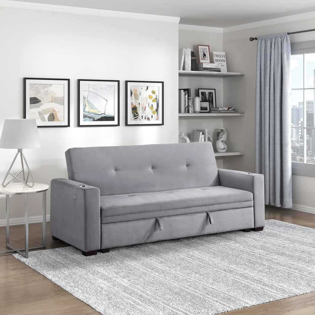 Grey Velvet Futon Sofa Bed with Storage F57526