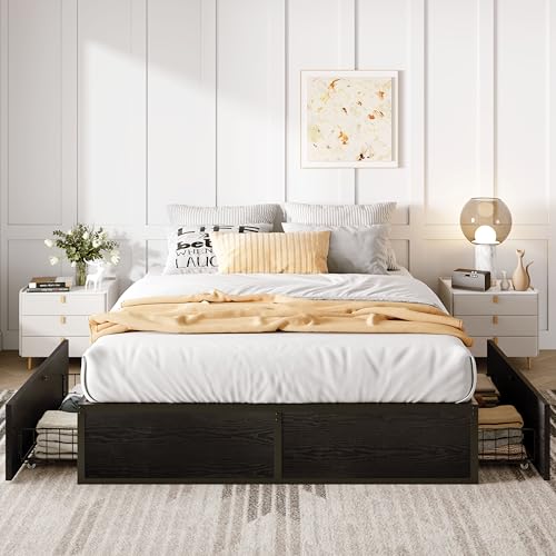 Black Queen Platform Bed Frame with 2 Storage Drawers H69568
