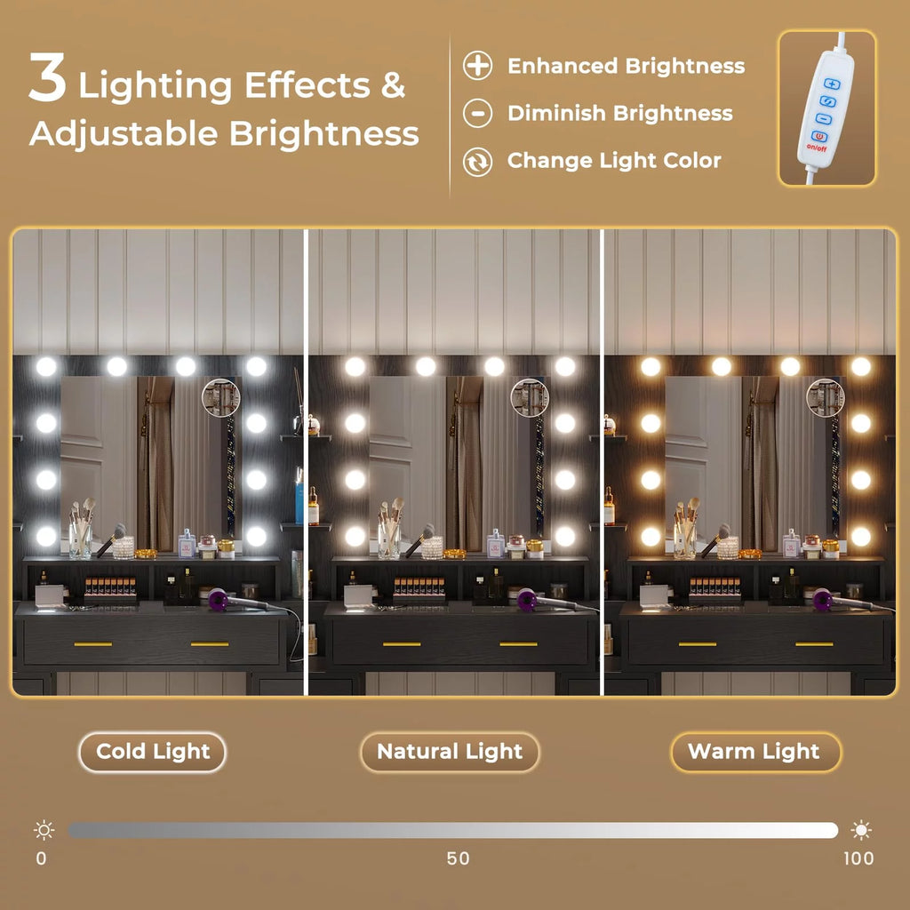 Black Vanity Desk with Mirror and Lights, Glass Top, Charging Station, 8 Drawers X312
