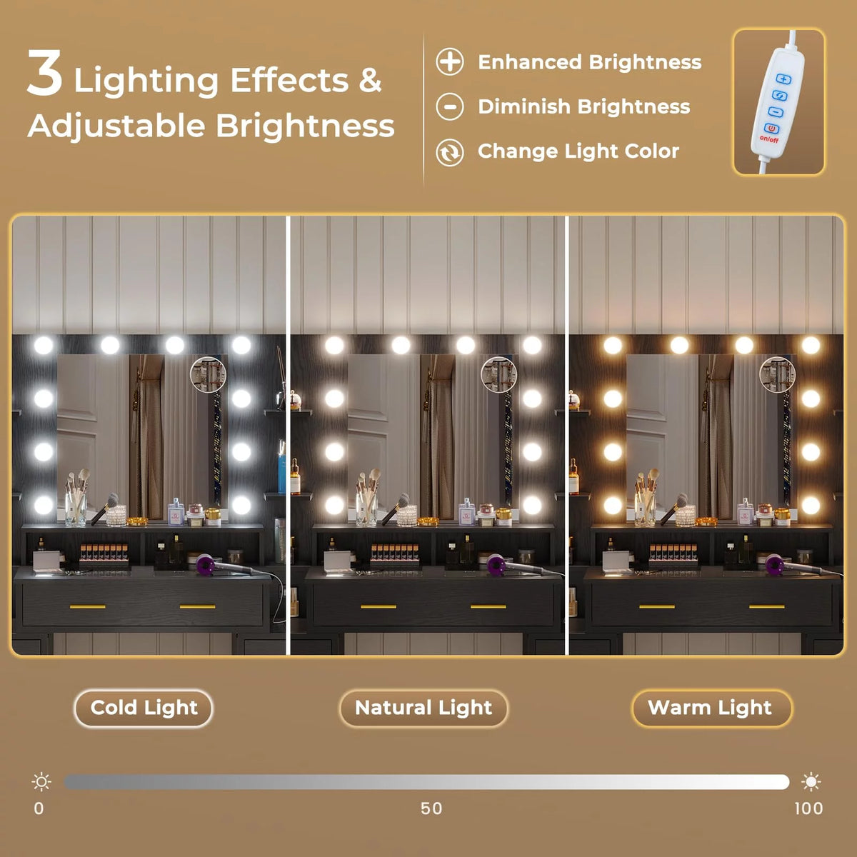Black Vanity Desk with Mirror and Lights, Glass Top, Charging Station, 8 Drawers X312