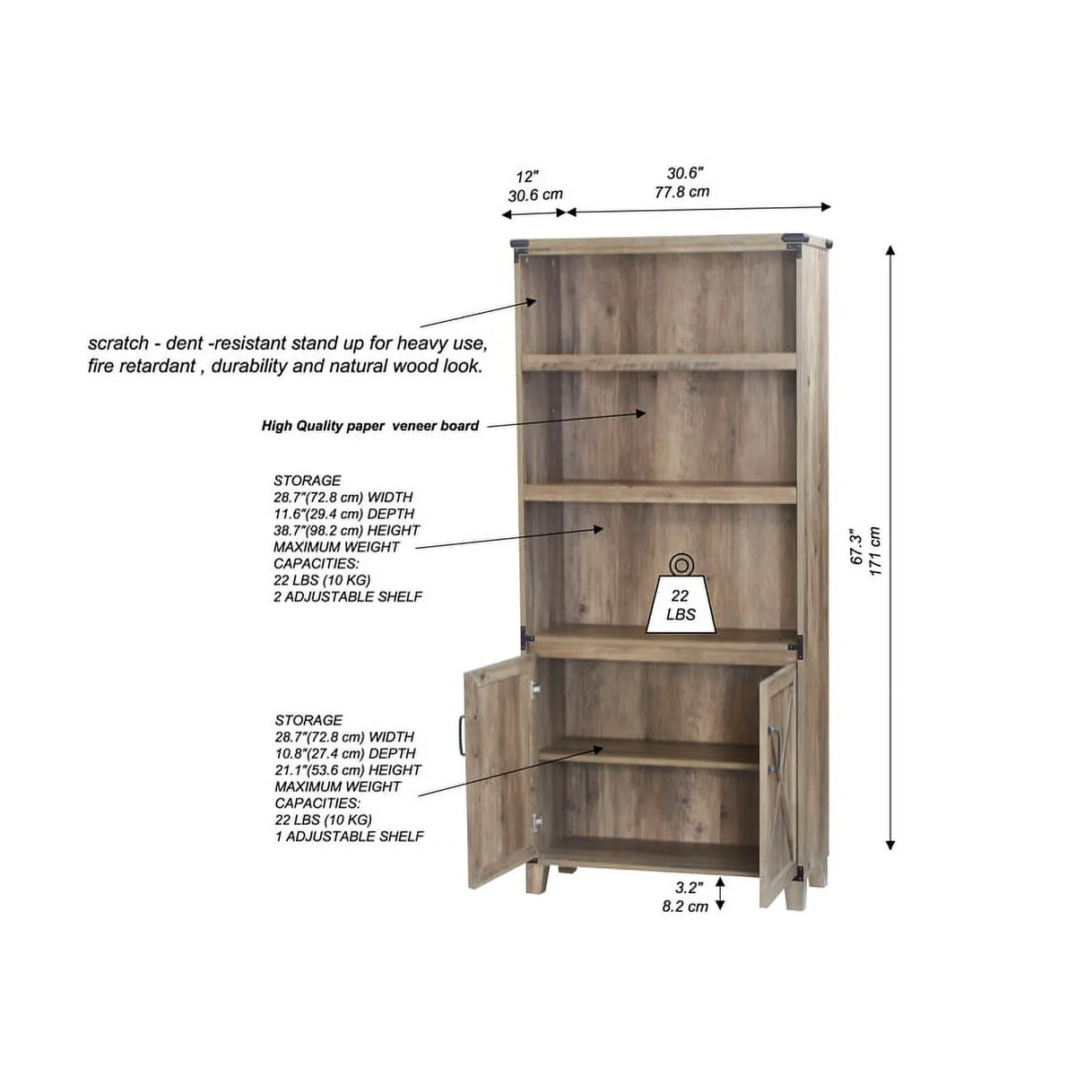 Rustic Oak 2-Door Engineered Wood Bookcase L209