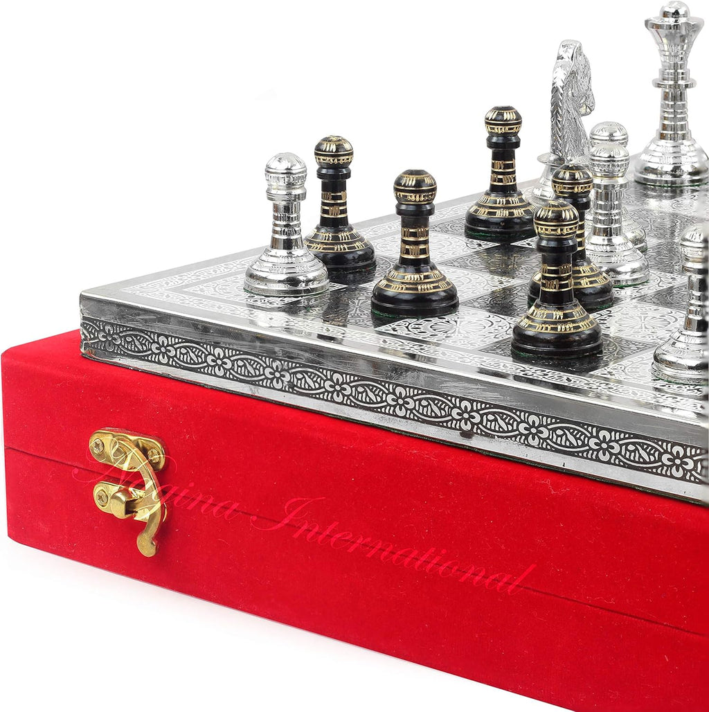 Solid Brass Black Chess Set with Red Velvet Storage Case Q1878