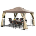 10 x 10 ft Outdoor Patio Gazebo with Taupe Brown Canopy and Mesh Sidewalls Y9595