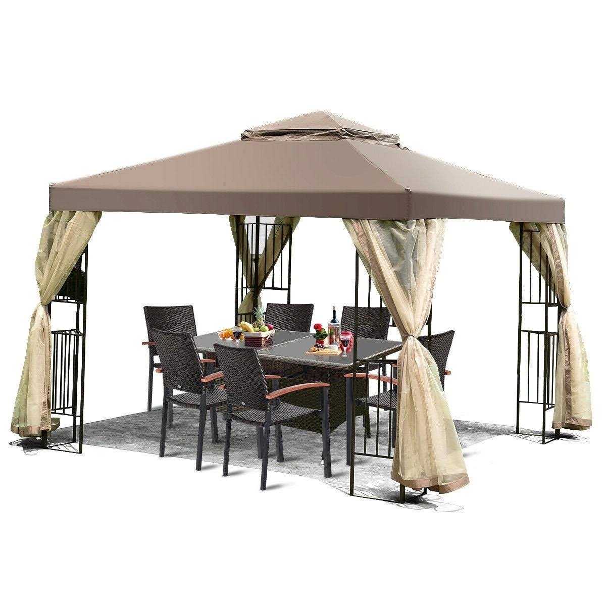 10 x 10 ft Outdoor Patio Gazebo with Taupe Brown Canopy and Mesh Sidewalls Y9595