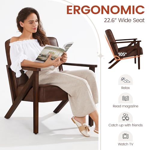 Light Brown Faux Leather Accent Chair with Wood Frame F14053
