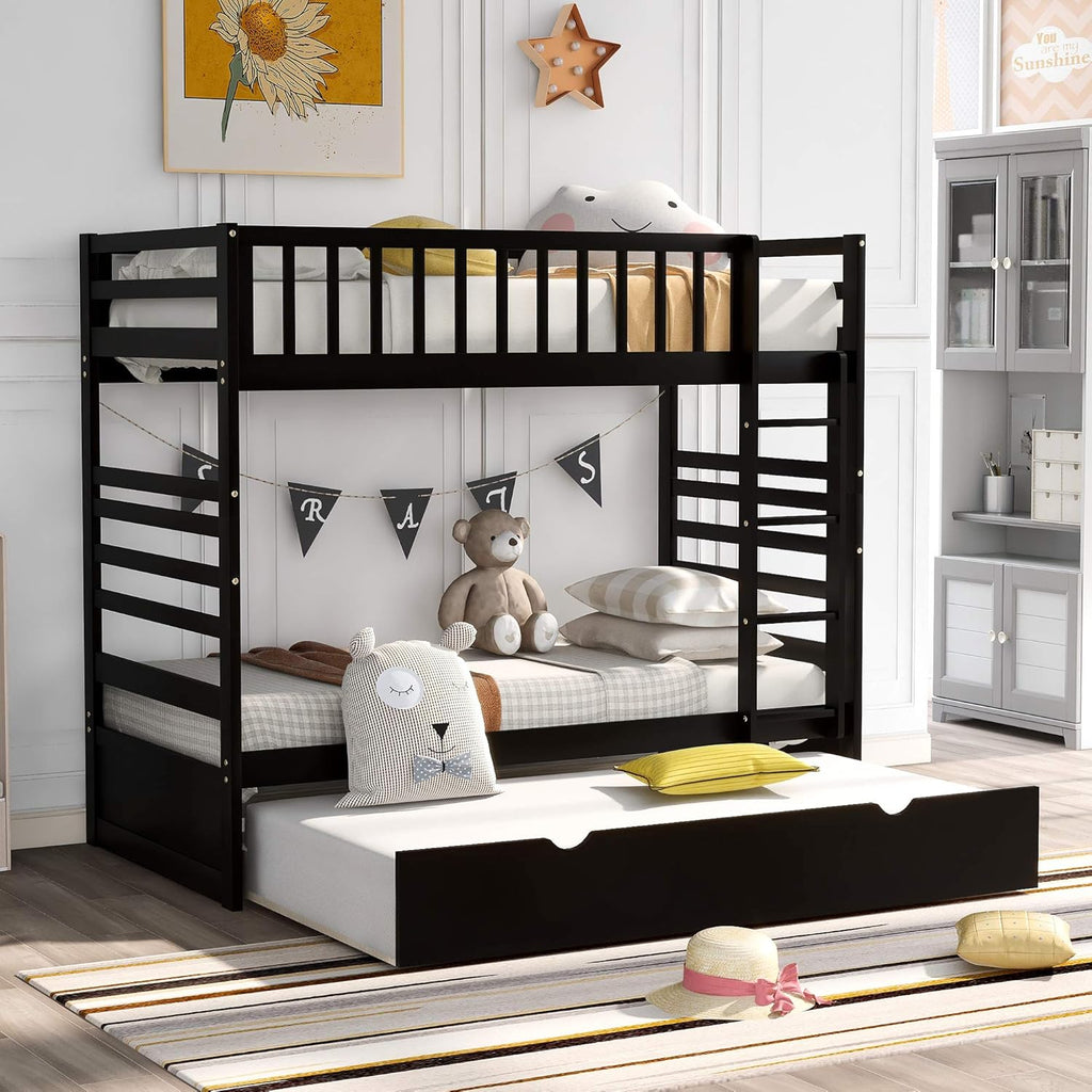 Full Over Full Pine Wood Bunk Bed with Trundle and Guardrail E1308