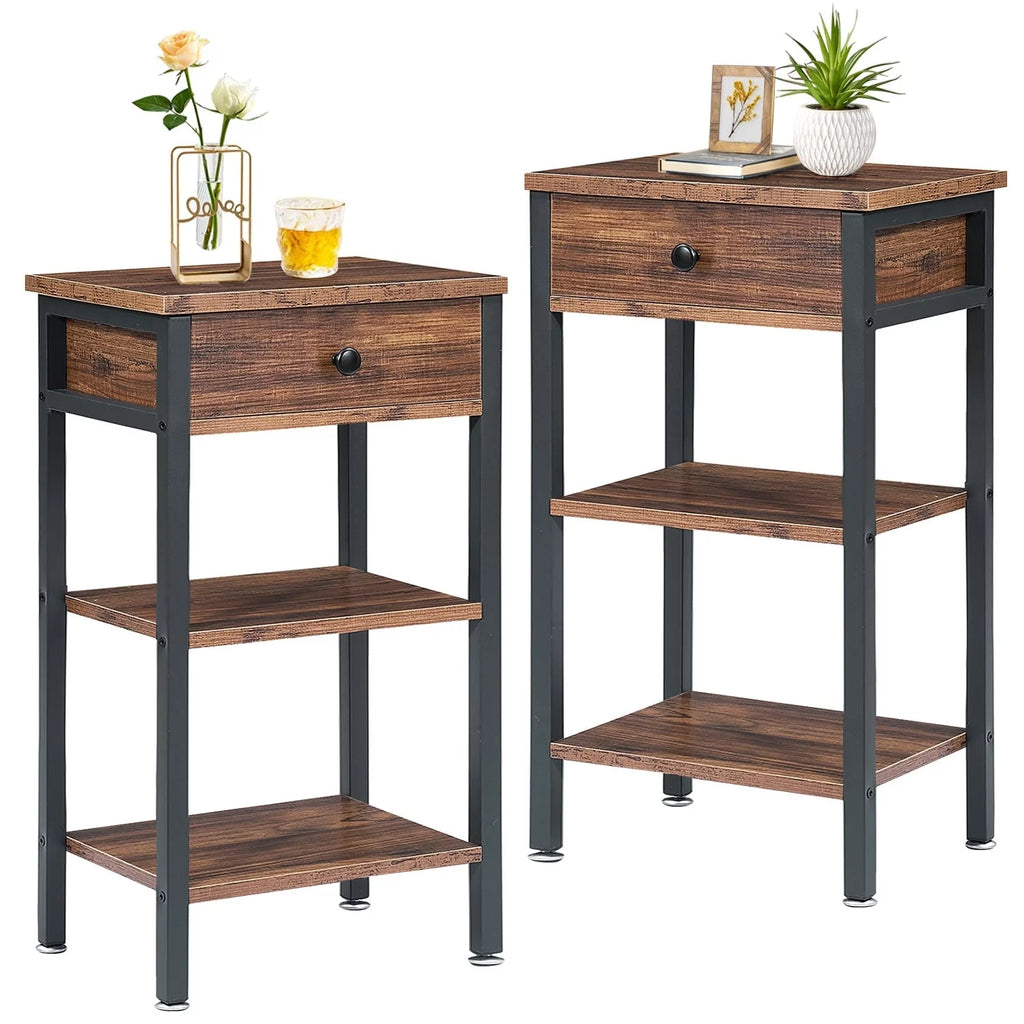 Set of 2 Brown Nightstand with 1-Drawer and Storage Shelf Y1752