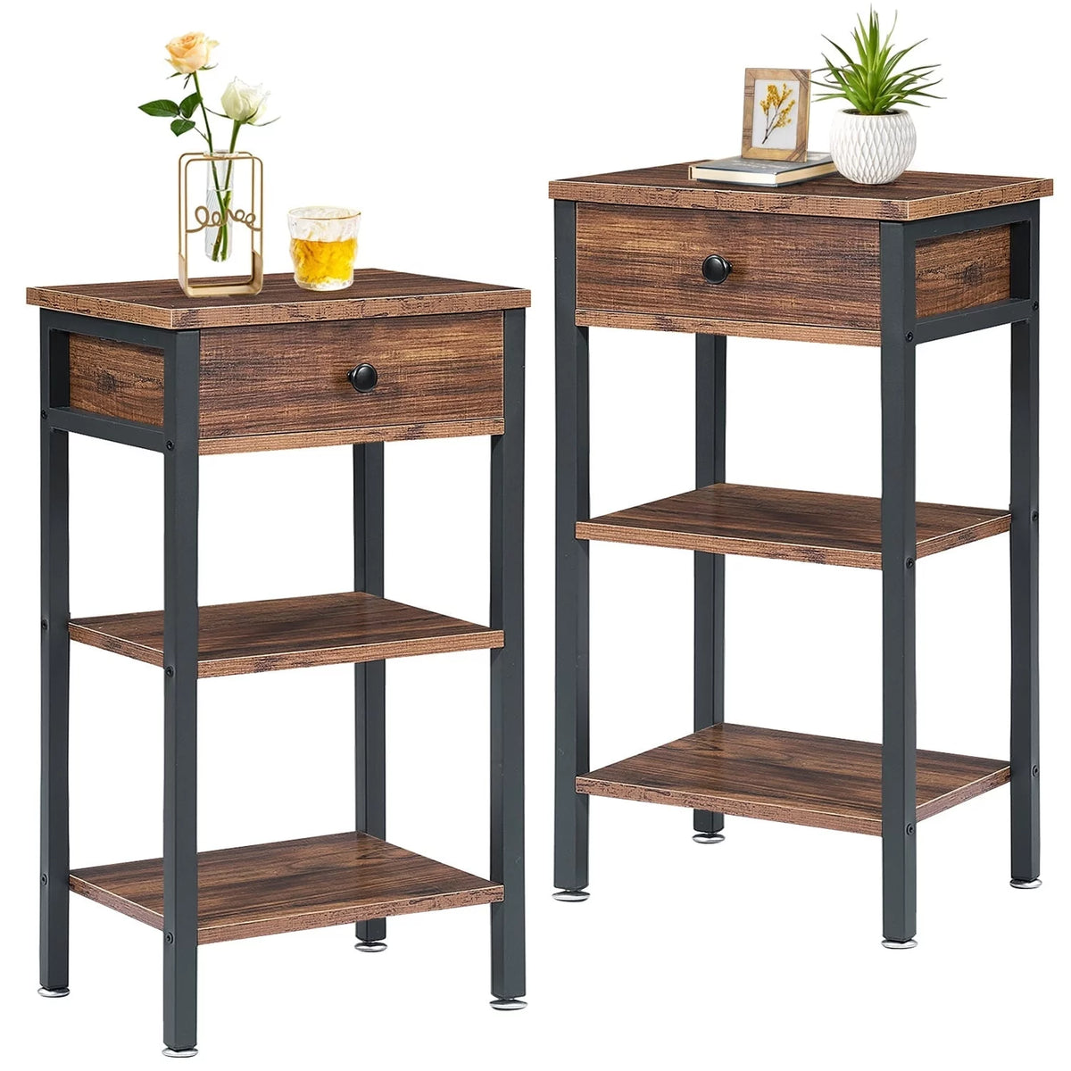 Set of 2 Brown Nightstand with 1-Drawer and Storage Shelf Y1752