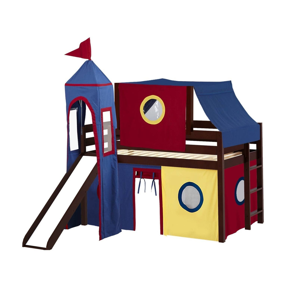 White Low Loft Twin Bed with Slide and Tent A5532