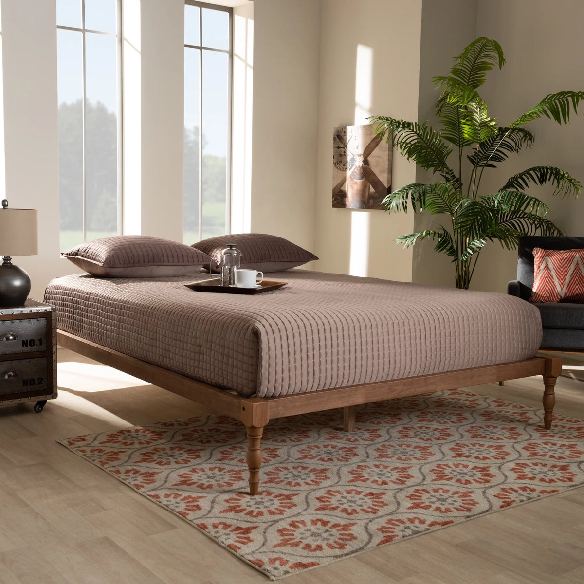 Walnut Brown Wood Queen Size Platform Bed Frame X59548