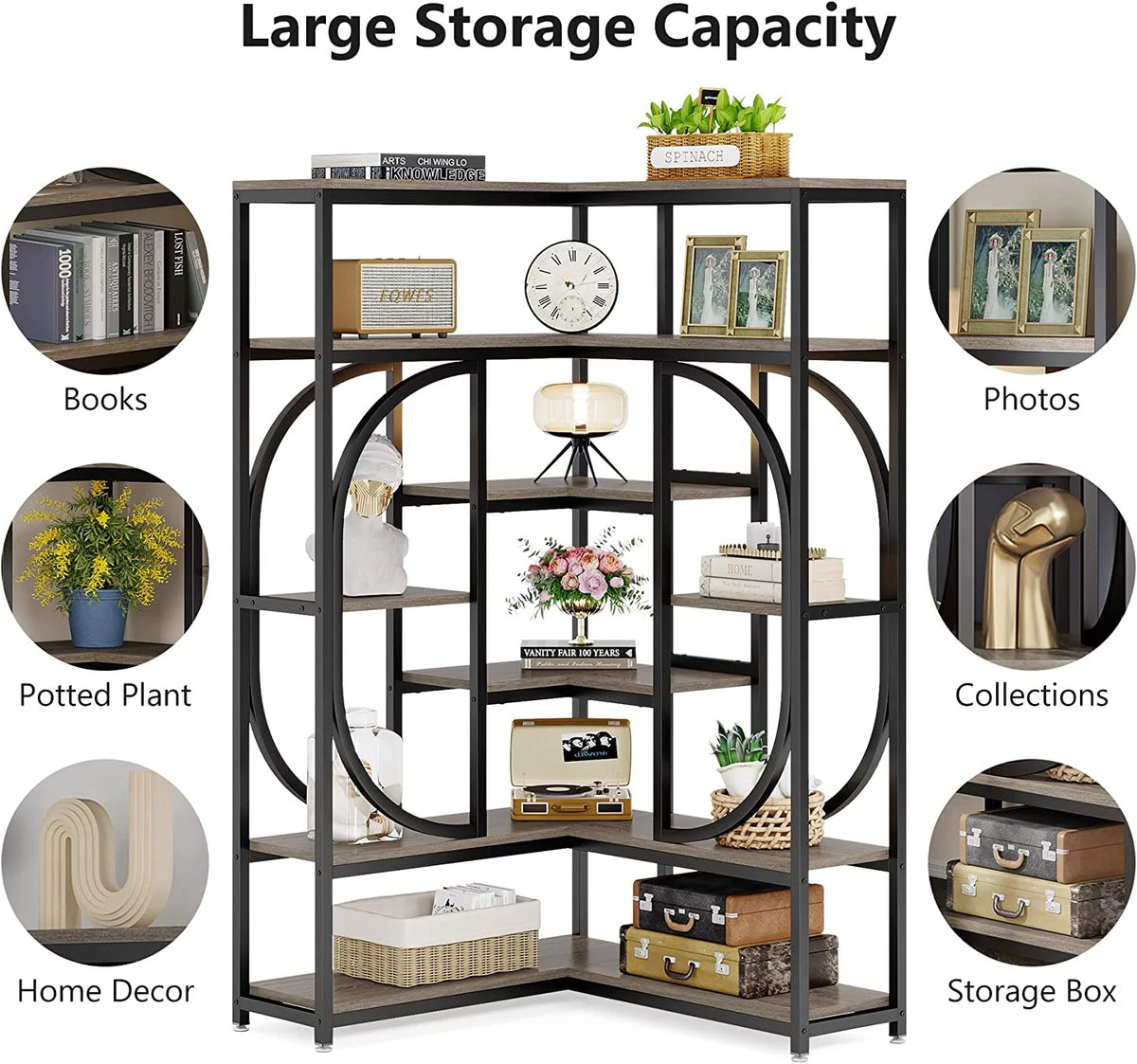 7-Shelf Corner Bookshelf with Metal Frame N299