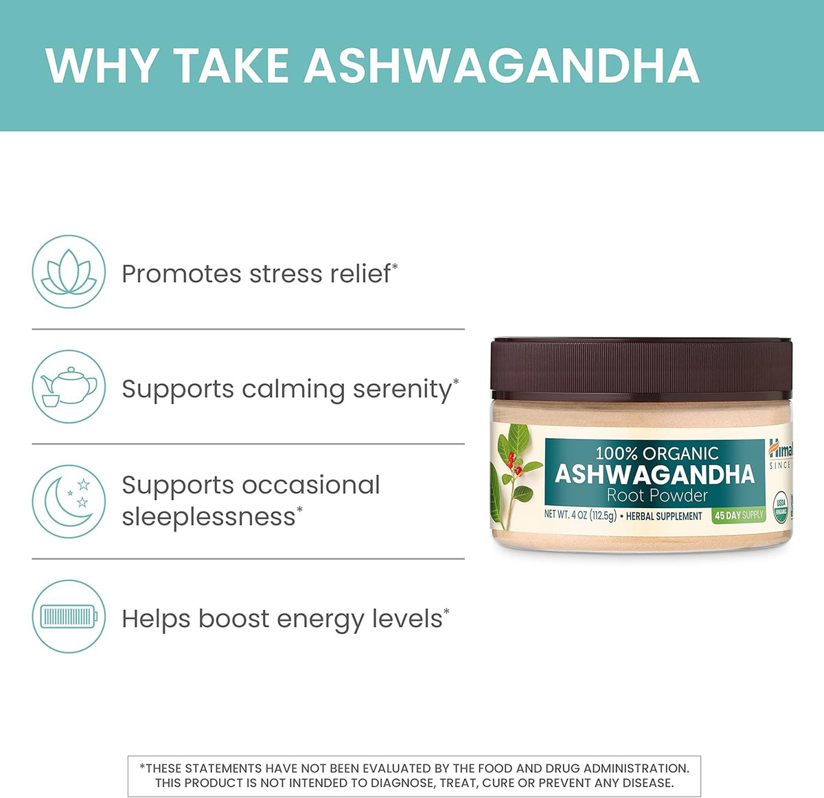100% USDA Certified Organic Ashwagandha Root Powder Herbal Supplement, 4 Oz W3012