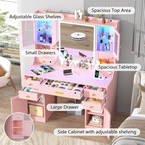White Makeup Vanity Desk with Mirror and Lights, Large Vanity Table Set with Charging Station, Dressing Table with RGB Cabinets, 3 LED Lights Modes Y6151