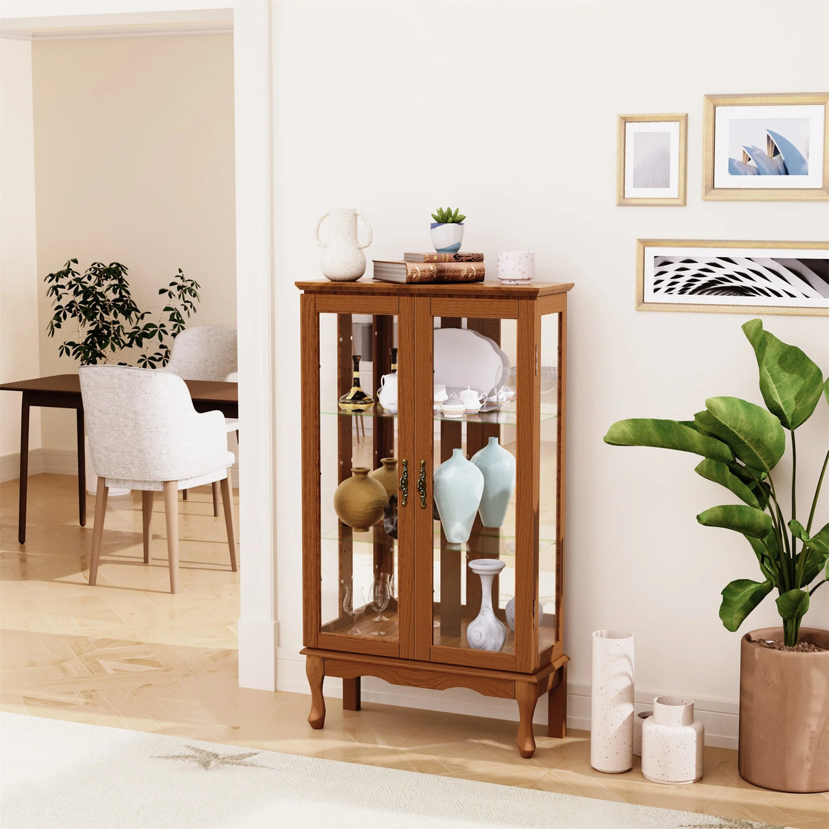 3 Tier Lighted Curio Display Cabinet with Adjustable Shelves and Tempered Glass Doors T340066