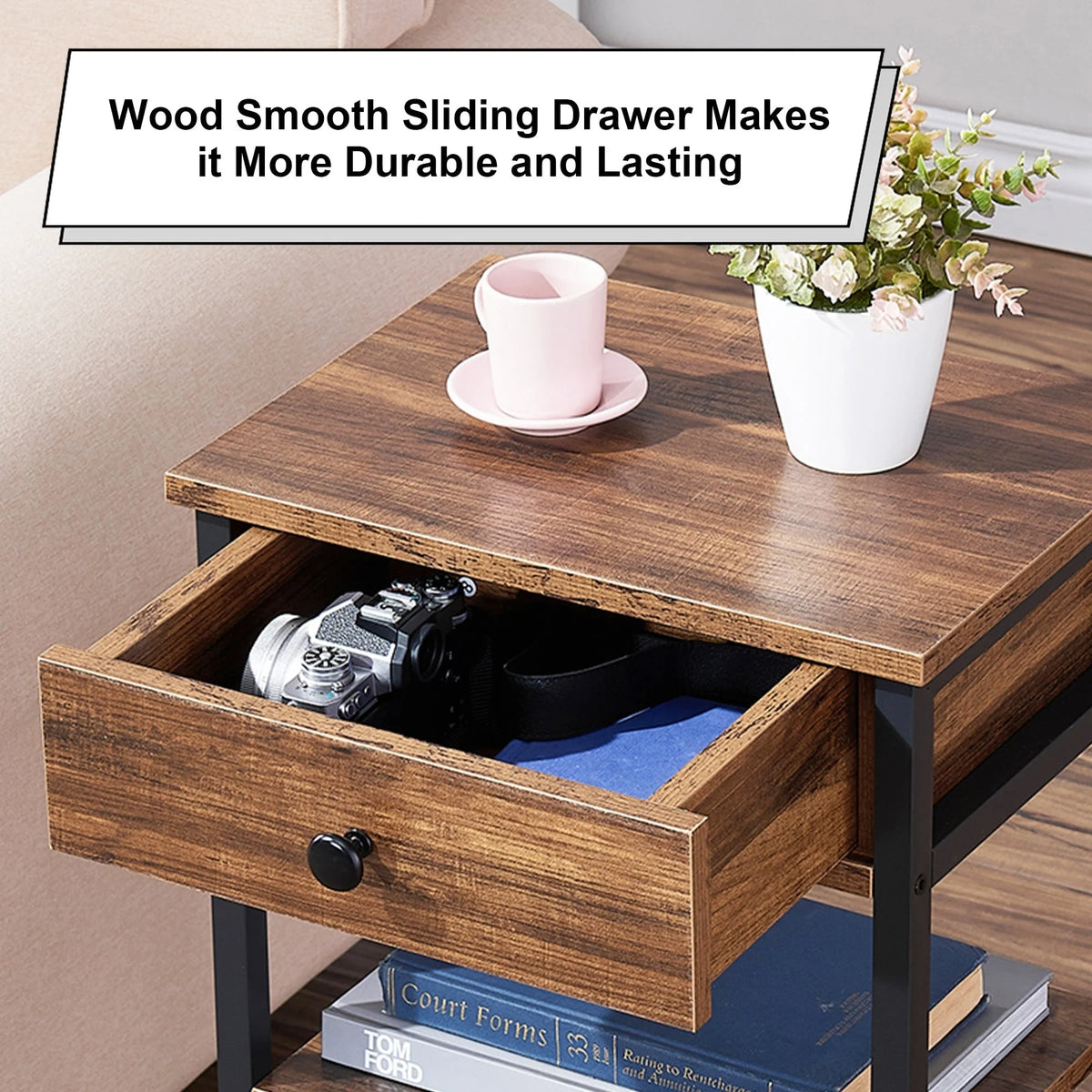 Set of 2 Brown Nightstand with 1-Drawer and Storage Shelf Y1752
