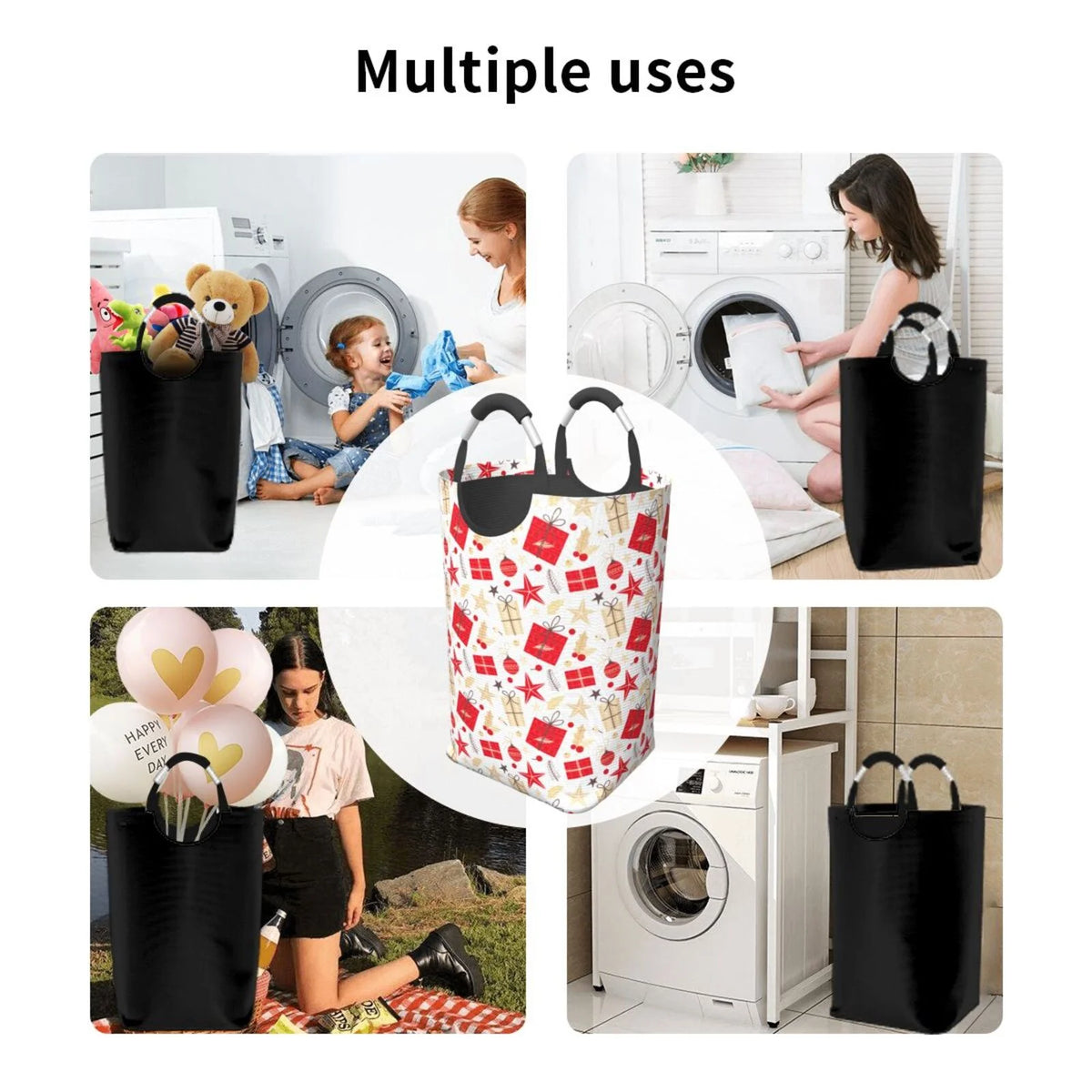 Collapsible Laundry Basket Hamper, Red Christmas Print 50L E17749