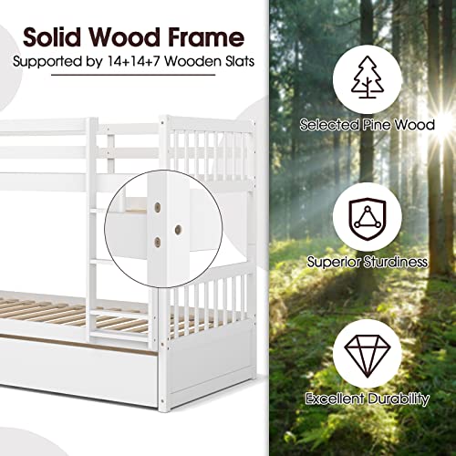White Twin Over Twin Bunk Bed with Trundle T4839