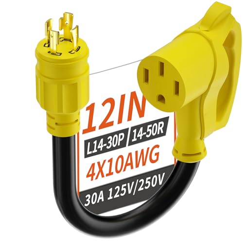 30 Amp RV Generator Adapter Cord, 12 Inch 10 Gauge, Yellow U611647