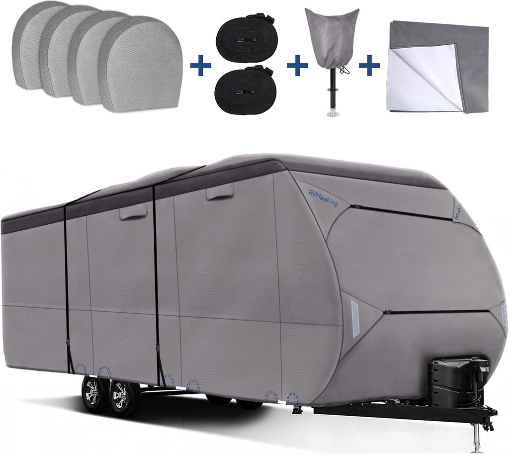 Upgraded Waterproof 500D Travel Trailer Cover with 4 Tire Covers, Tongue Jack Cover G934555