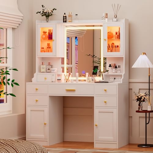 White Makeup Vanity Desk with Mirror and Lights, Large Vanity Table Set with Charging Station, Dressing Table with RGB Cabinets, 3 LED Lights Modes Y6151