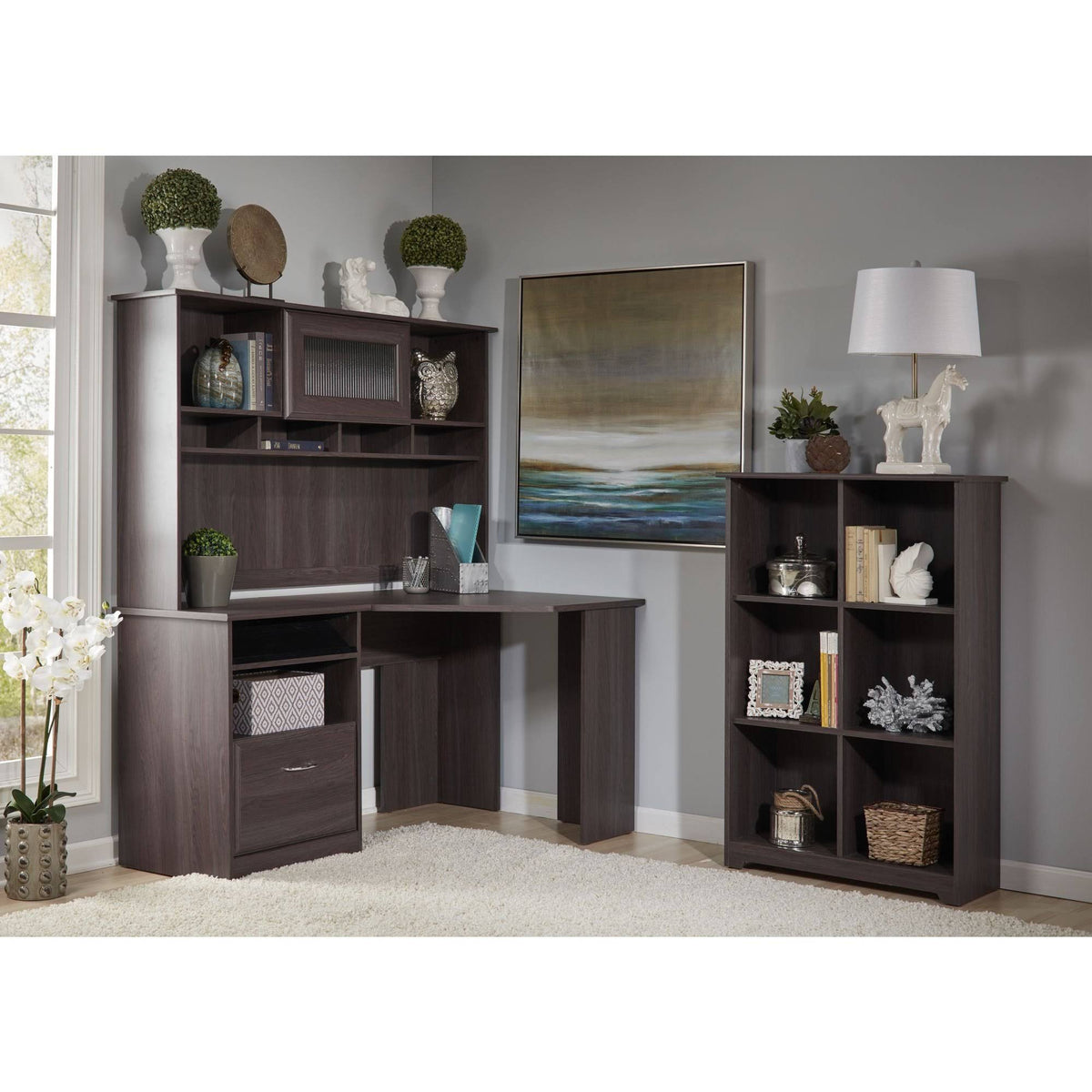 Heather Gray Corner Desk with Hutch and 6 Cube Organizer T7981