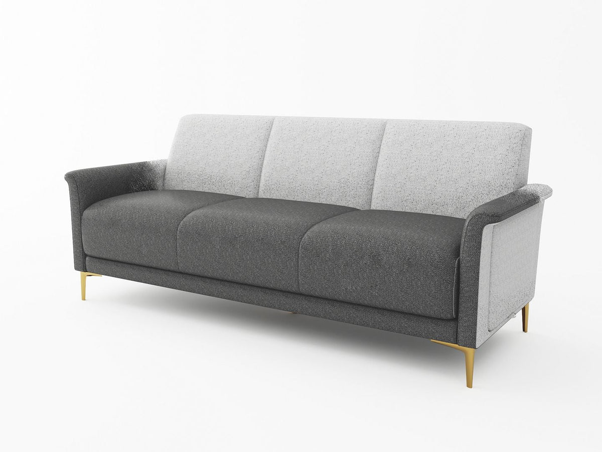 Transitional Futon Sofa with Foldable Tables, Upholstered in Linen with Flared Arms, Golden Metal Legs T170824
