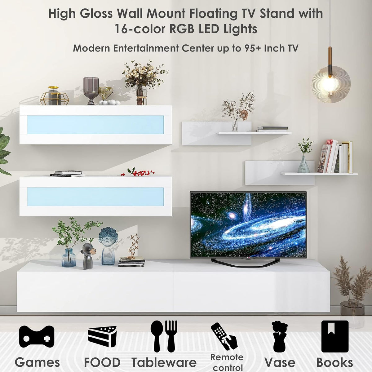 Wall Mount Floating Entertainment Center with 4 Storage Cabinets and 2 Shelves, High Gloss TV Stand N8790