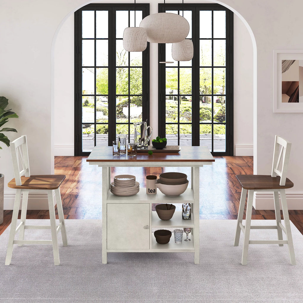 3-Piece Counter Height Wooden Dining Table Set with Storage Cabinet Y1737