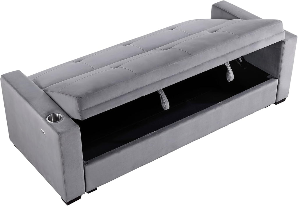 Grey Velvet Futon Sofa Bed with Storage F57526