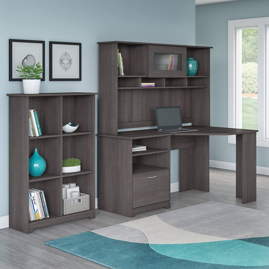 Heather Gray Corner Desk with Hutch and 6 Cube Organizer T7981